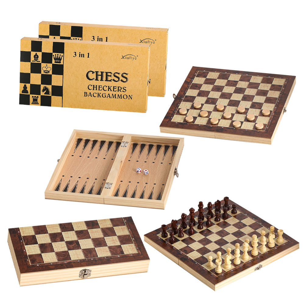 Chess Set Wooden - Деревянные шашки 3-в-1, нарды и шахматы,